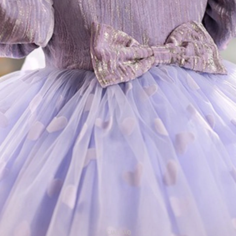Vestido de fiesta 2025, trajes morados para niñas y niños, ropa Formal para niños pequeños, vestidos de cumpleaños para niños, vestido de princesa de tul con manga de burbuja y lazo