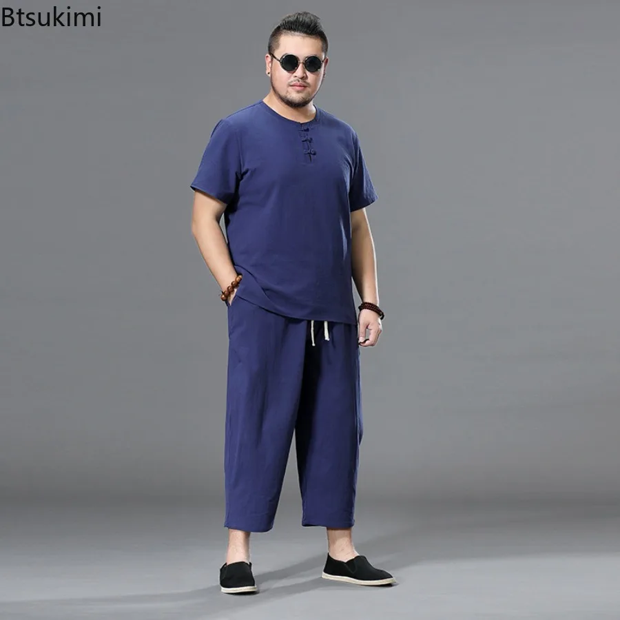 Summer Linen Set Men's Casual Short Sleeved T-shirt Nine Cents Pants Two-piece Set for Men Cotton Linen Loose Solid Color Set
