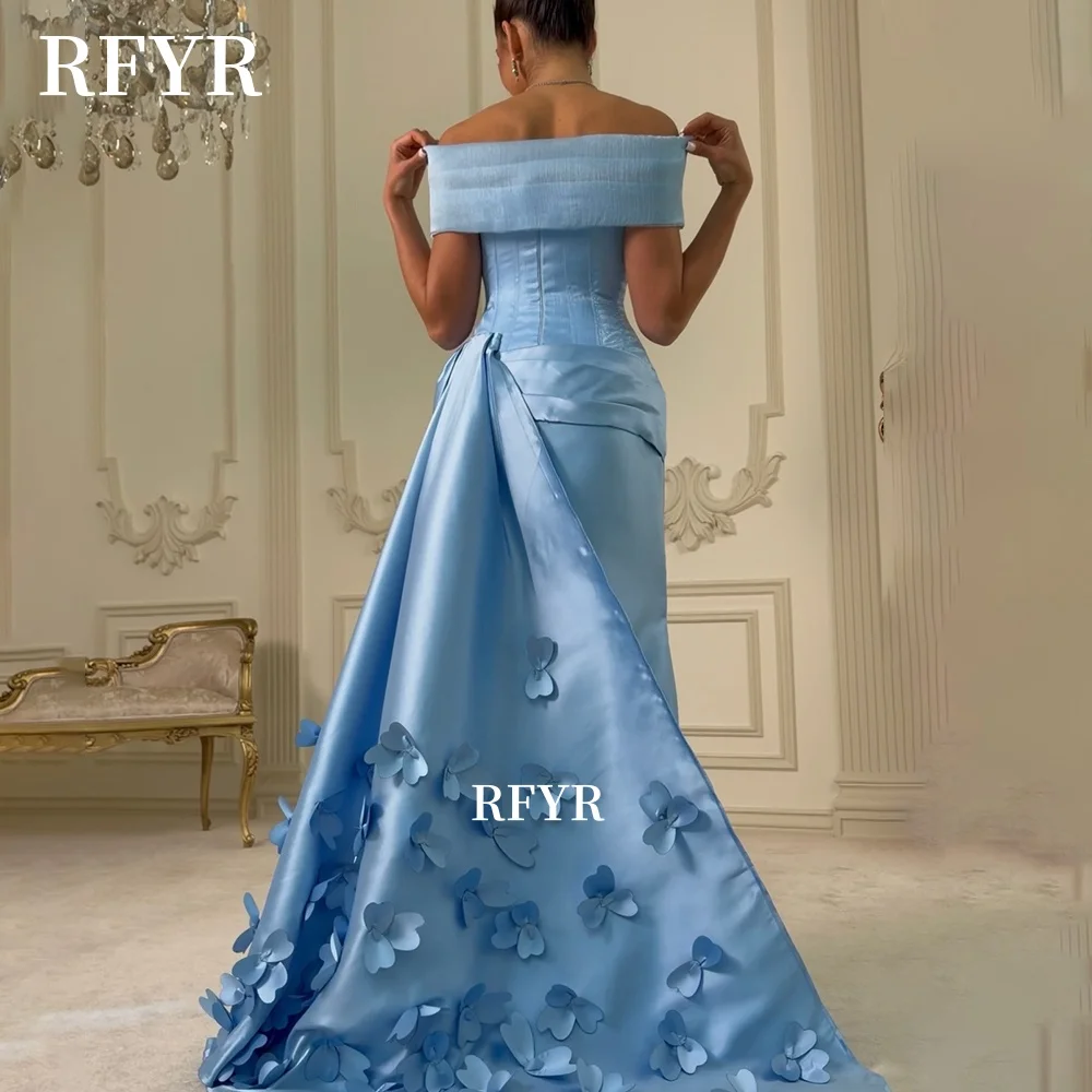 

RFYR Blue A Line Evening Dress with 3D Flower Prom Dress Off Shoulder Prom Dress Luxury Celebrity Dress for Princess Customized