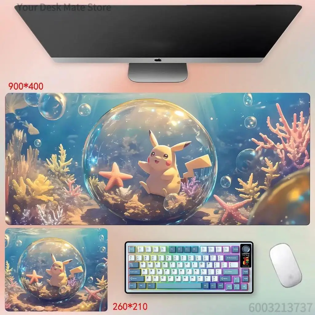 Summer Ocean Anime Creature Gaming Desk Mat,Underwater Bubble Beach Scene Extended Mouse Pad Non-slip Lock Edge Keyboard Pad