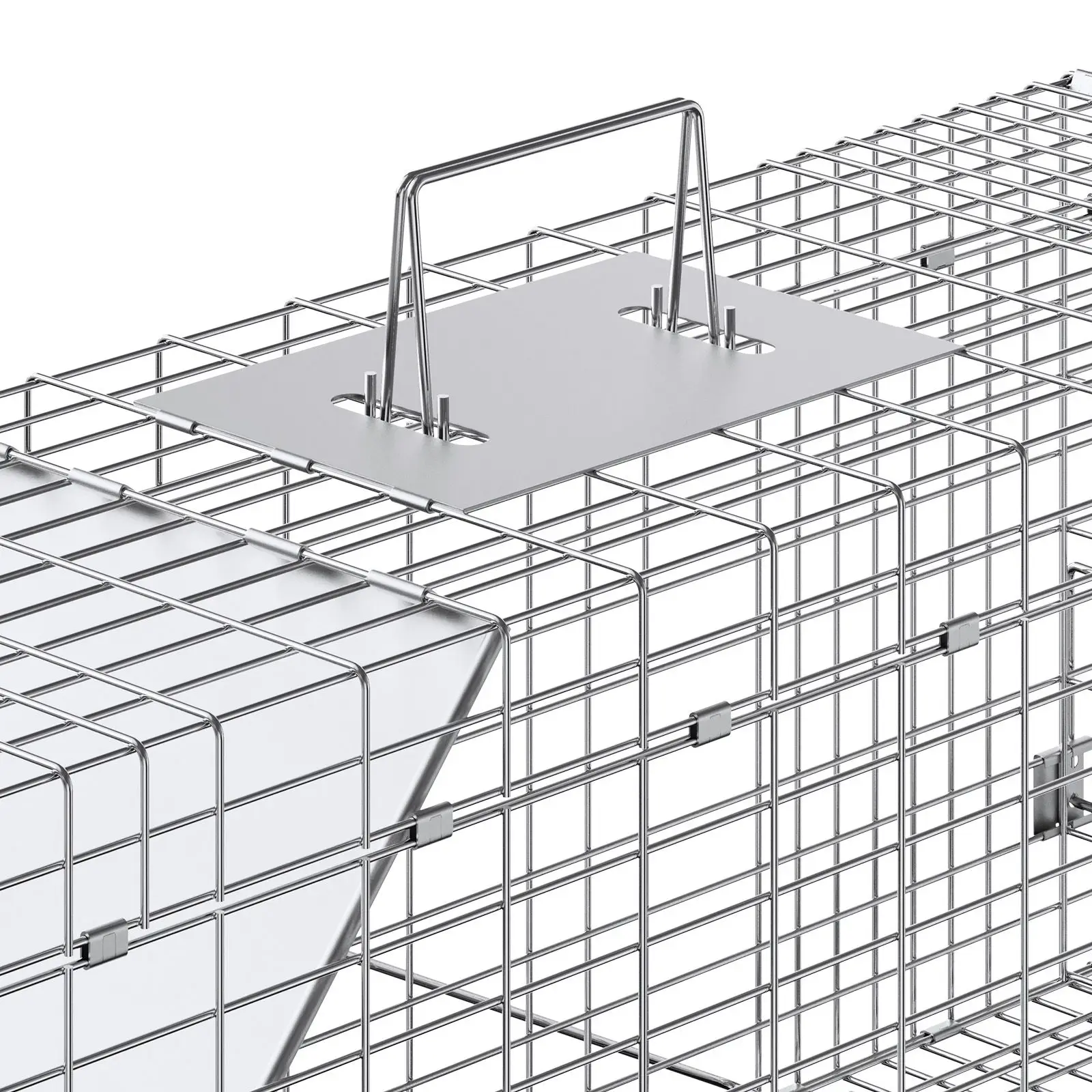 Live Animal Cage Trap, 31" x 10" x 12" Humane Cat Trap Galvanized Iron, Folding Animal Trap with Handle for Rabbits, Stray Cats, Squirrels, Raccoons, Groundhogs and Opossums view 4