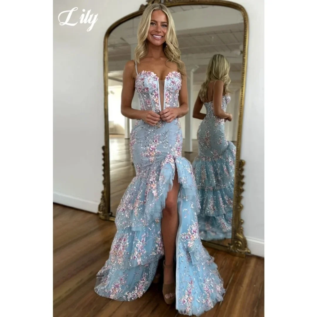 

Lily Sky Blue And Pink Floral Print Prom Dress Tiered Sexy Split Mermaid Evening Dress Robes De Soirée Formal Gown Customized
