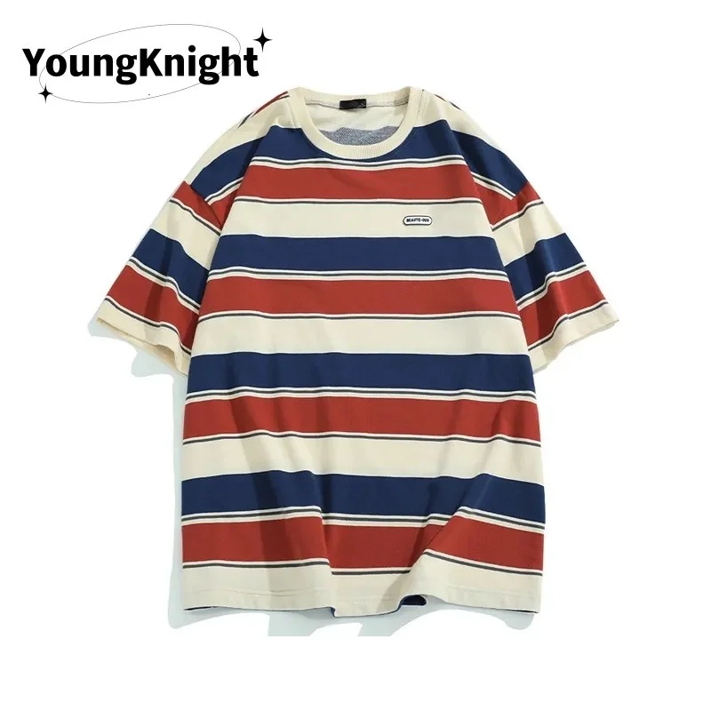 

Summer New Men And Women Cotton Cloth Stripe External Penetration T-shirt Lovers Trend Fashion Leisure Time Sweat Goolness Tops