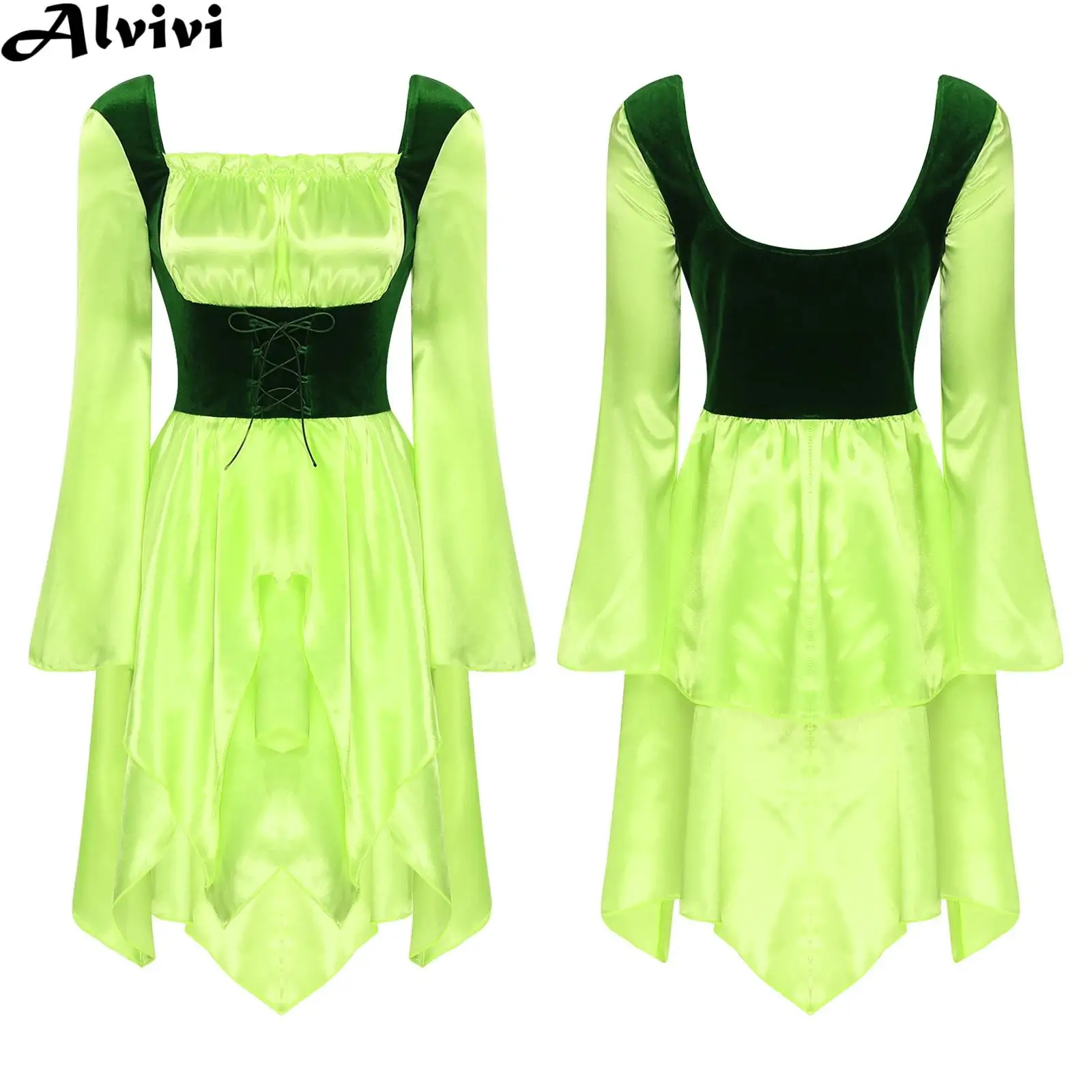 

Женское атласное бархатное платье эльфа на шнуровке с расклешенными рукавами, средневековое платье викингов на Хэллоуин, карнавал, вечеринку, карнавальный костюм волшебной девушки