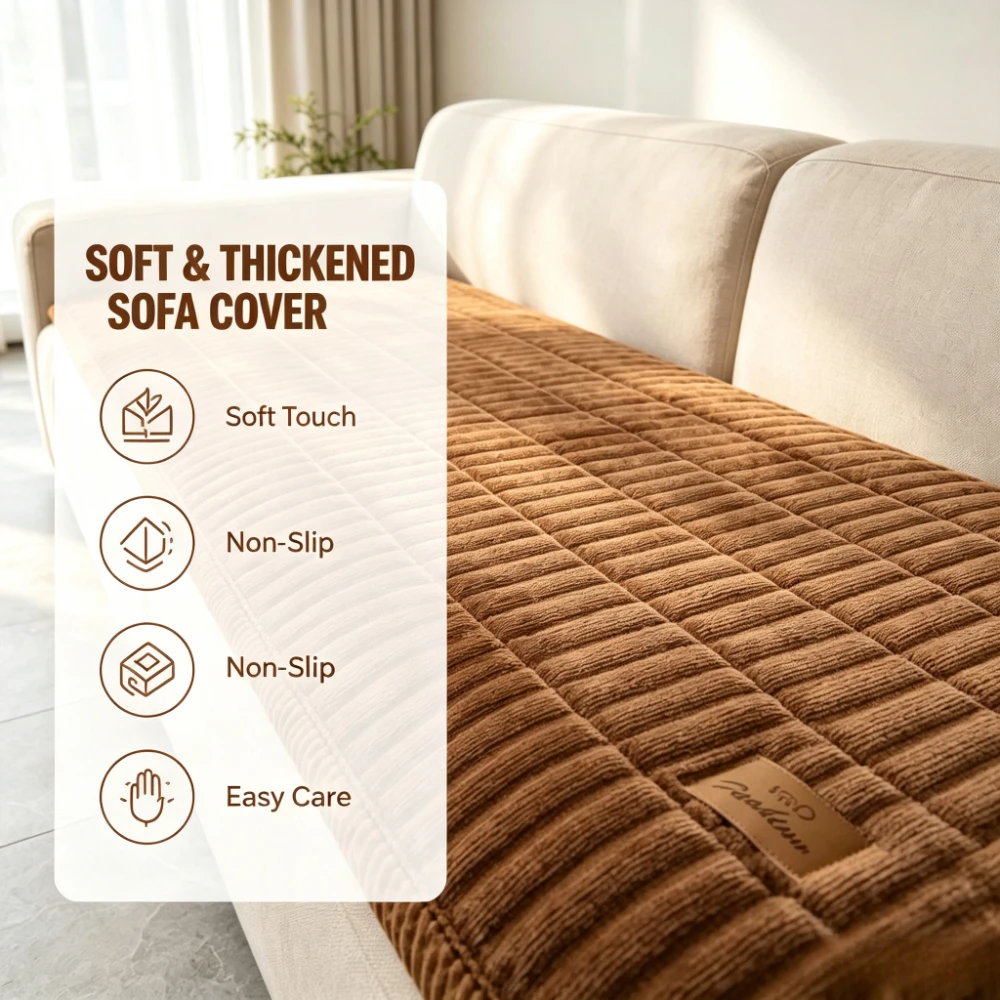 Flannel Sofa Cover Solid Color Simple Versatile Thickened Non-Slip Cushion Sofa Cover Cat Scratch Resistant Slipcover