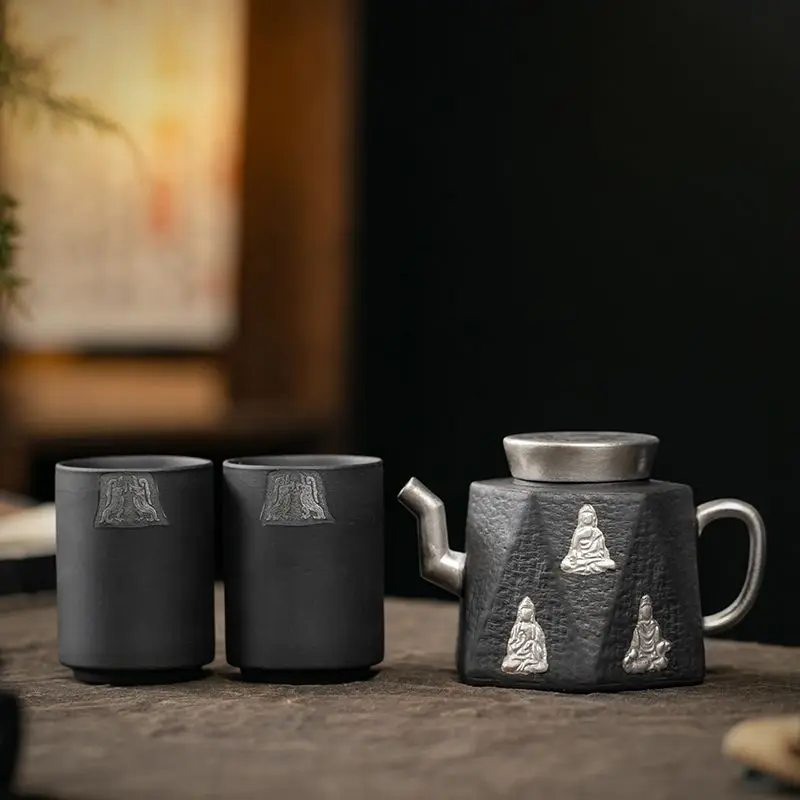 

Чайник для заваривания чая в винтажном стиле из старинной глины «Тысяча Будд», с высоким эстетическим качеством, серебряным покрытием и встроенным сферическим фильтром