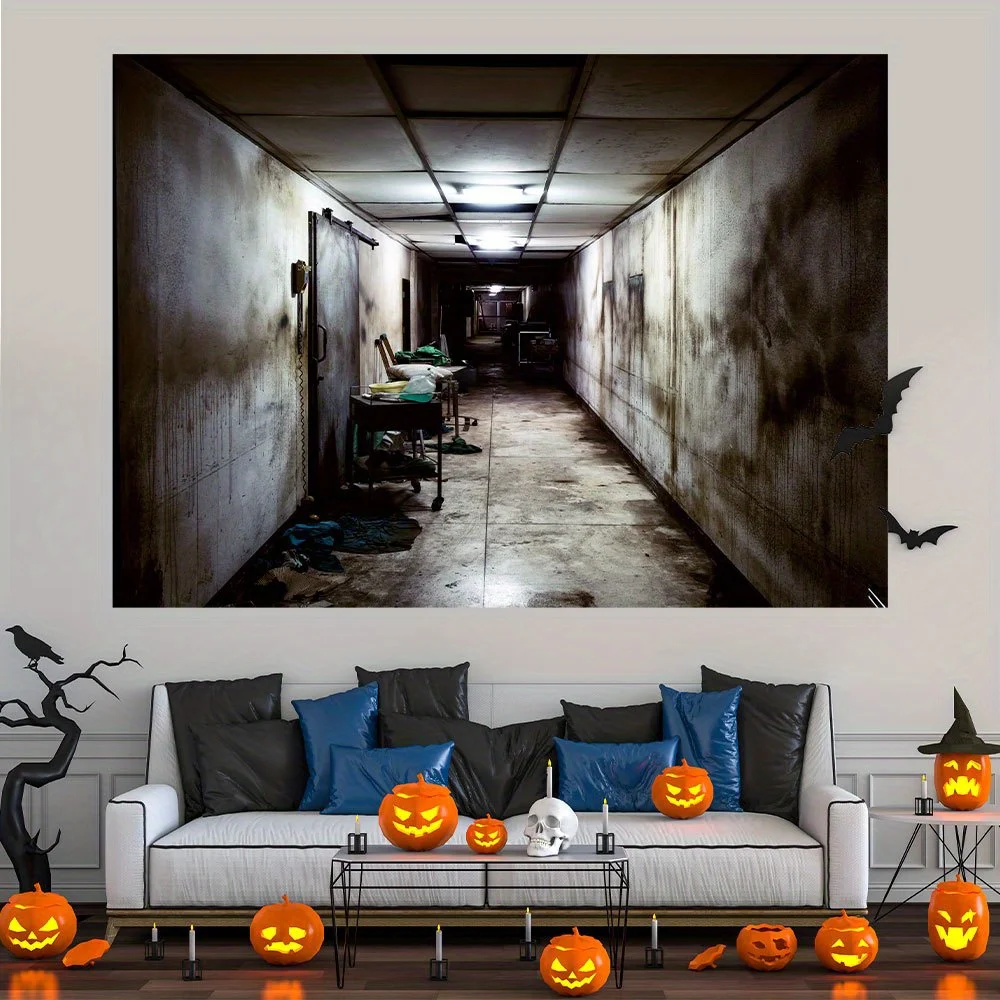 Halloween photography background, dilapidated hospital alley haunted house pattern, ghostly home wall banner decoration