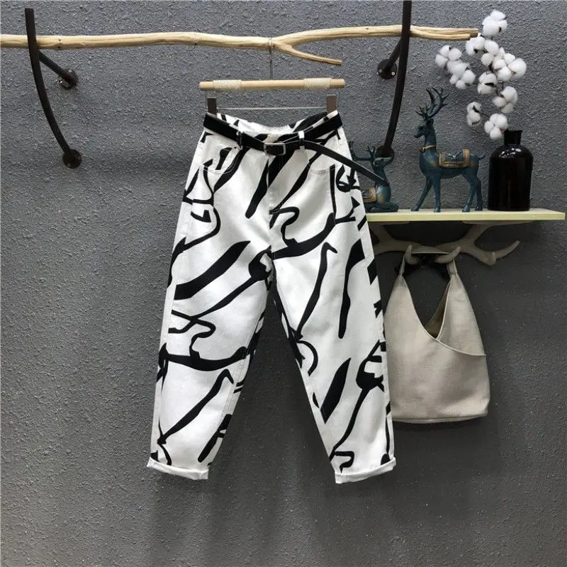 European Goods 2024 Summer White Jeans Women's High Waist Slim Irregular Printed Daddy Elastic Waist Haren Pants