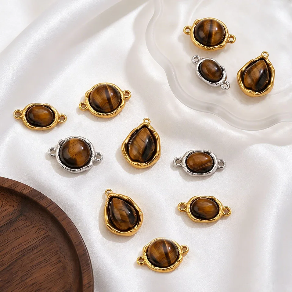 3 Stück 18K Retro Naturstein Tigerauge Verbindungsanhänger aus Edelstahl für DIY Halsketten Armbänder Schmuckherstellung Zubehör