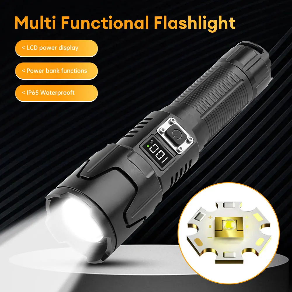 

Rechargeable LED Flashlight Outdoor Camping Lamp Telescopic Zoom Torch Tactical Flashlight Long Range Spotlight Emergency Lamp