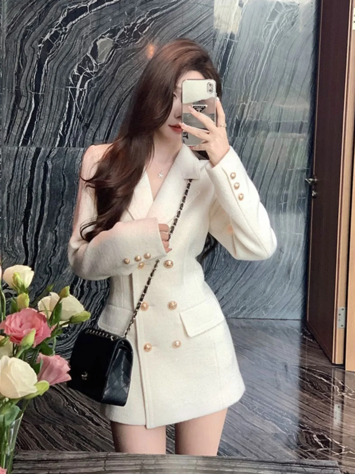 

Elegant Woolen Suit Jacket Women's Fashion Korean Style Commute Long Sleeve Anti-Stain Regular Fit Mid-Length Double-Breasted