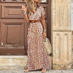 Elegant Floral Pleated H shaped Midi Dress Female V Neck Puff Sleeve Waist Ruched Button Dresses Women Summer Dress Robe