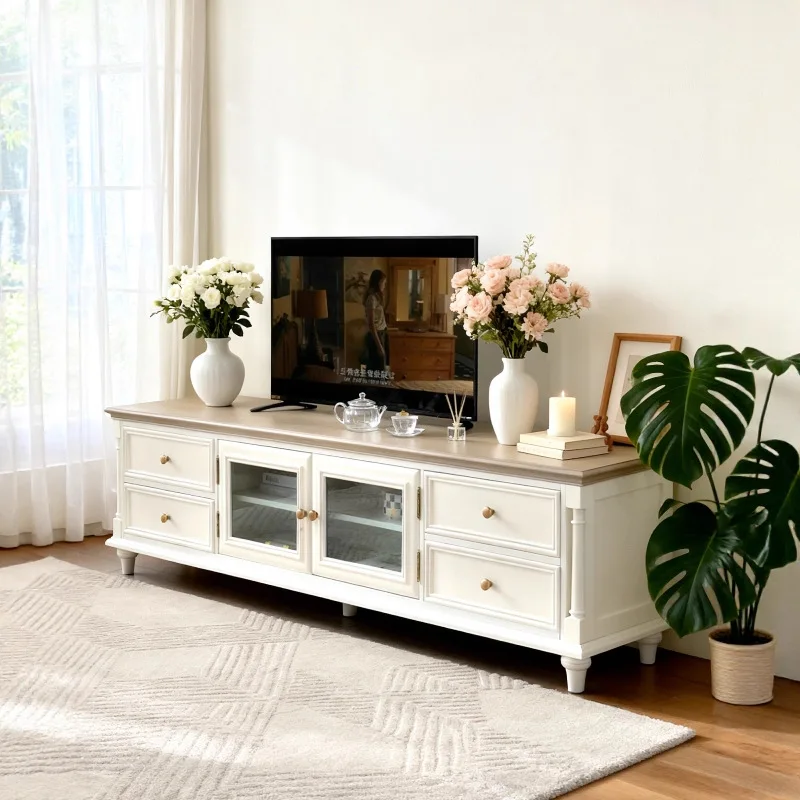 Solid wood TV cabinet coffee table combination cream style living room household light luxury high-end small apartment storage f