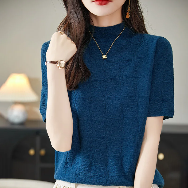 2024 Summer Women\'s Sweater Short Sleeve Pullover T-shirt Pure Wool Knitwear Half High Neck Loose Versatile Slim Fit Fashion Top