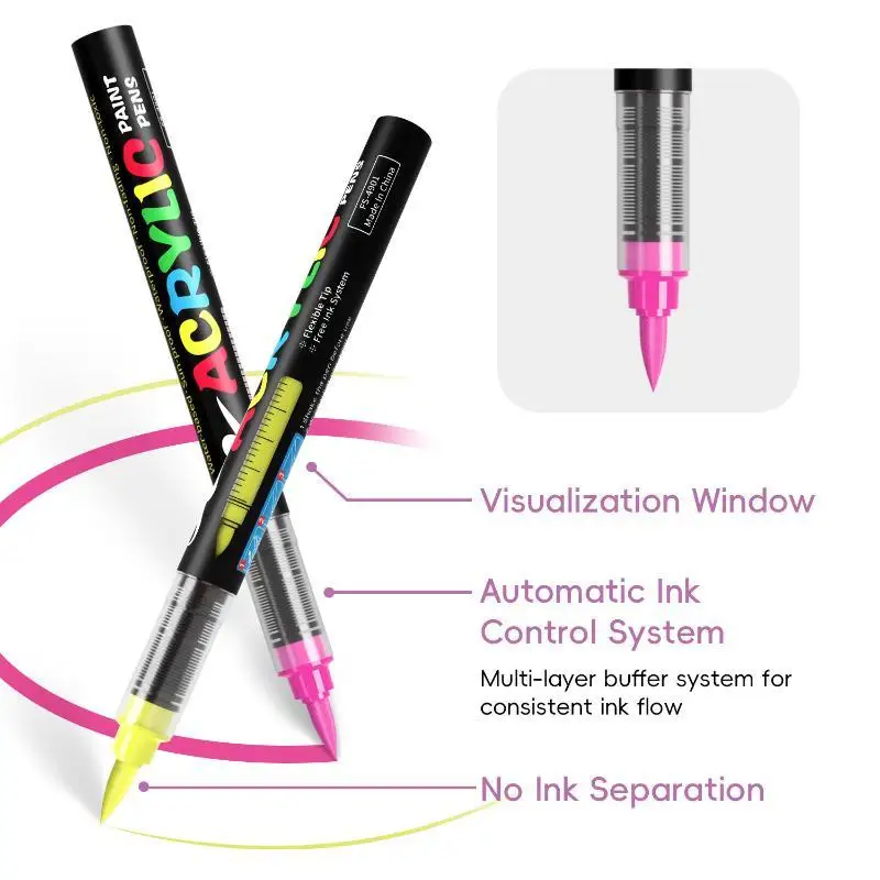 9 Colors Soft Brush Tip Acrylic Marker Pens Non Bleed Direct Liquid for Metal Plastic Surface Painting