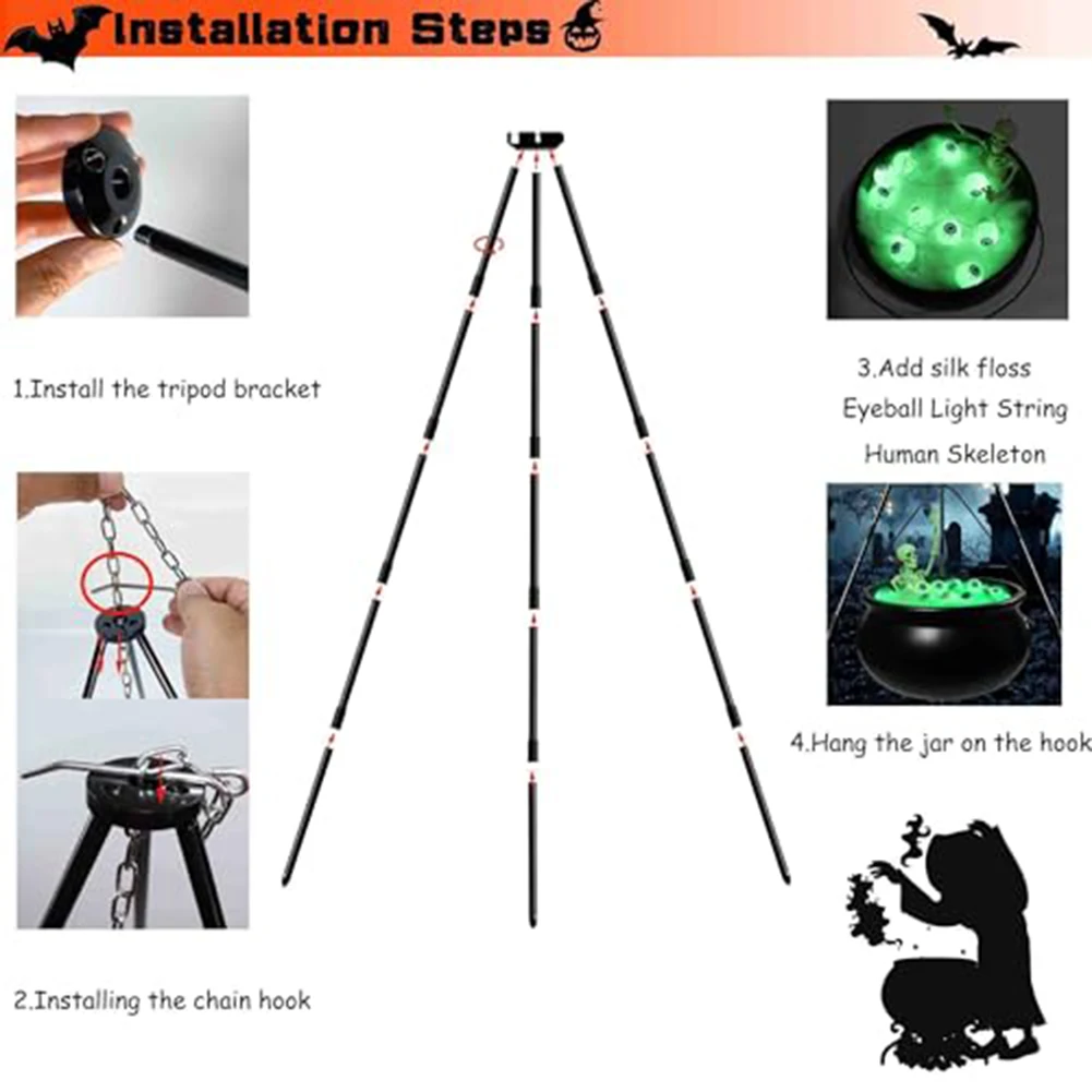 Witches Cauldron Halloween Decoration with Green Eyeballs and Iron Tripod Stand for Outdoor Use 30 7 Inch Height