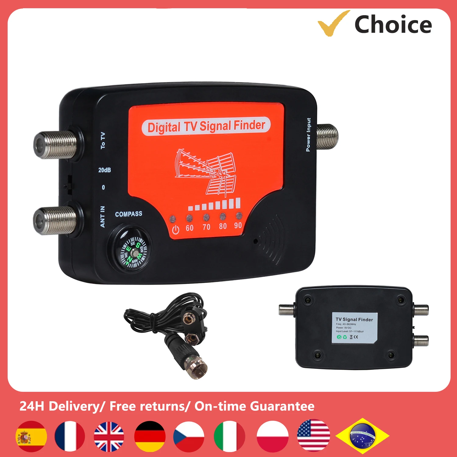 TV Signal Finder LED Display Portable TV Antenna Signal Strength Finder Meter Signal Finding Meter with Compass Alarm Buzzer