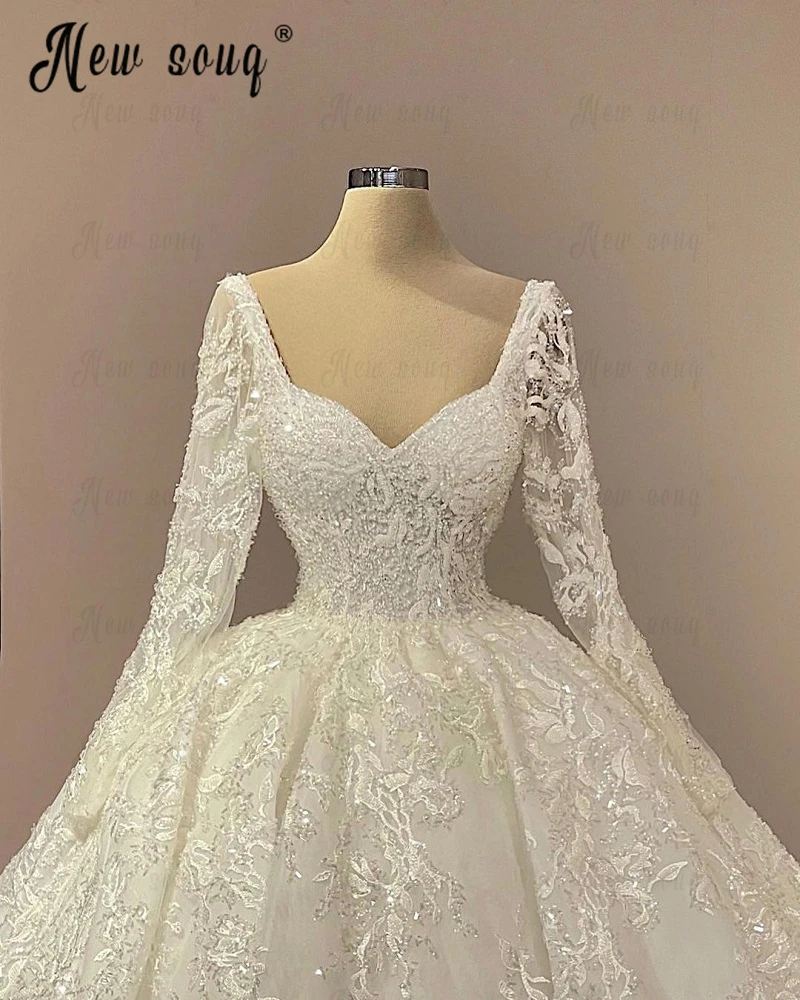 

Luxury Square Neckline Long Sleeves Wedding Dress Real Photos Plus Size Bridal Gowns Dubai Lace Boat Neck Wedding Dresses