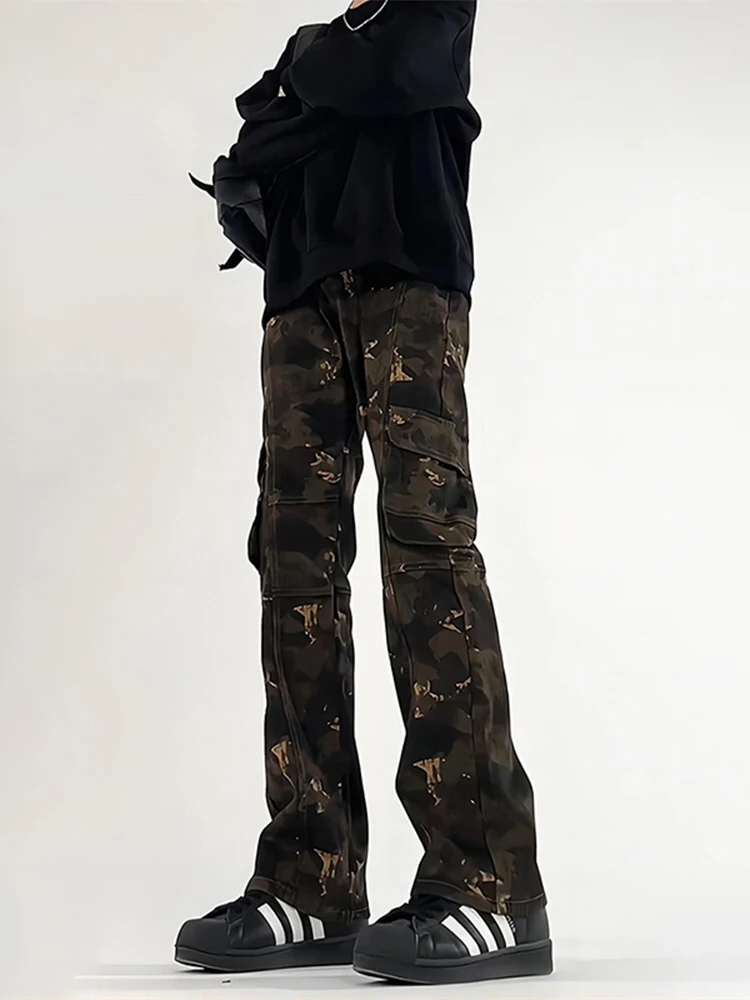 

American Retro Camouflage Work Pants Men's Spring Autumn High Street Military een Straight Leg Micro Flare Jeans