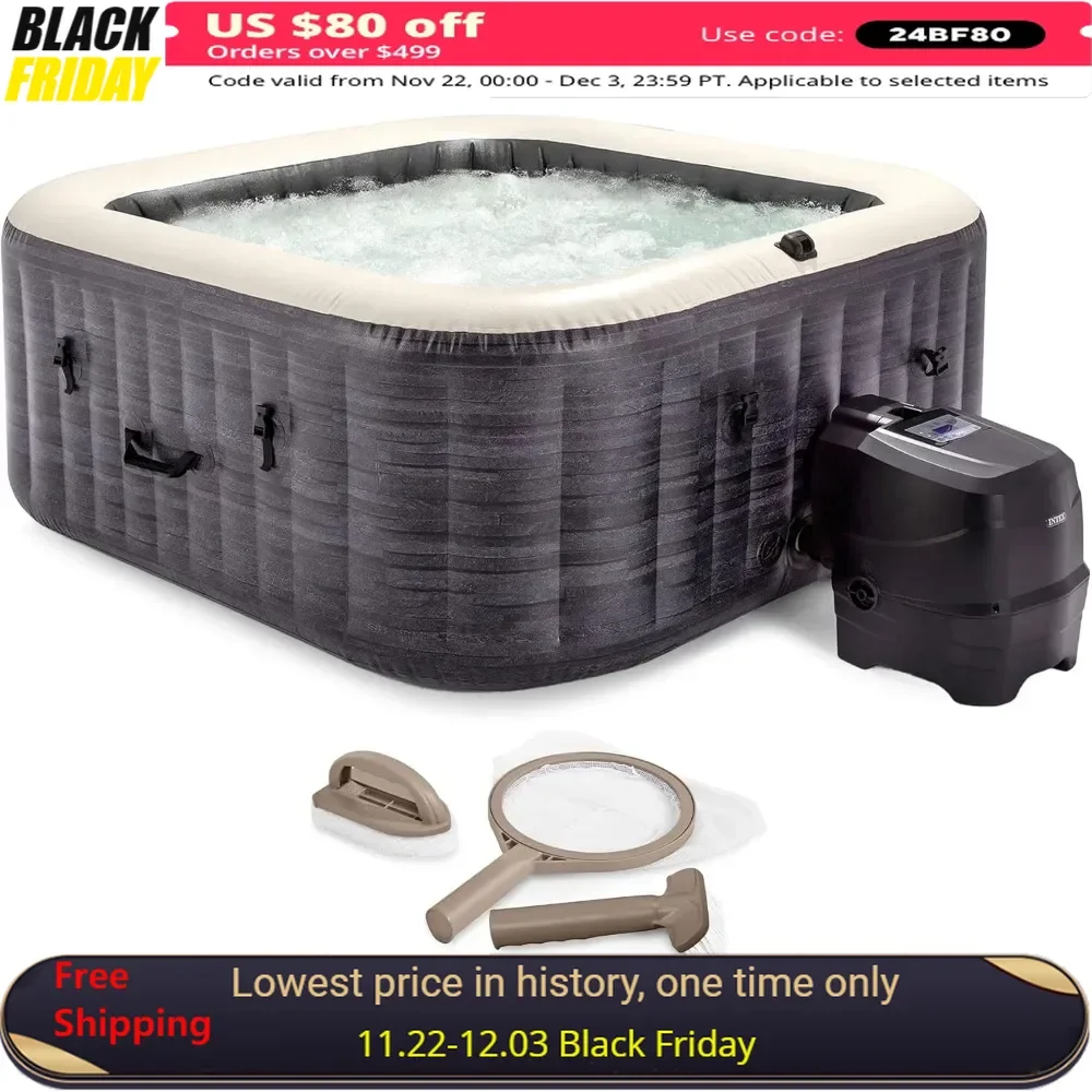 Inflatable Square Outdoor Hot Tub Spa with PureSpa Maintenance Accessory Brush, Skimmer, and Scrubber Kit, Outdoor Hot Tub