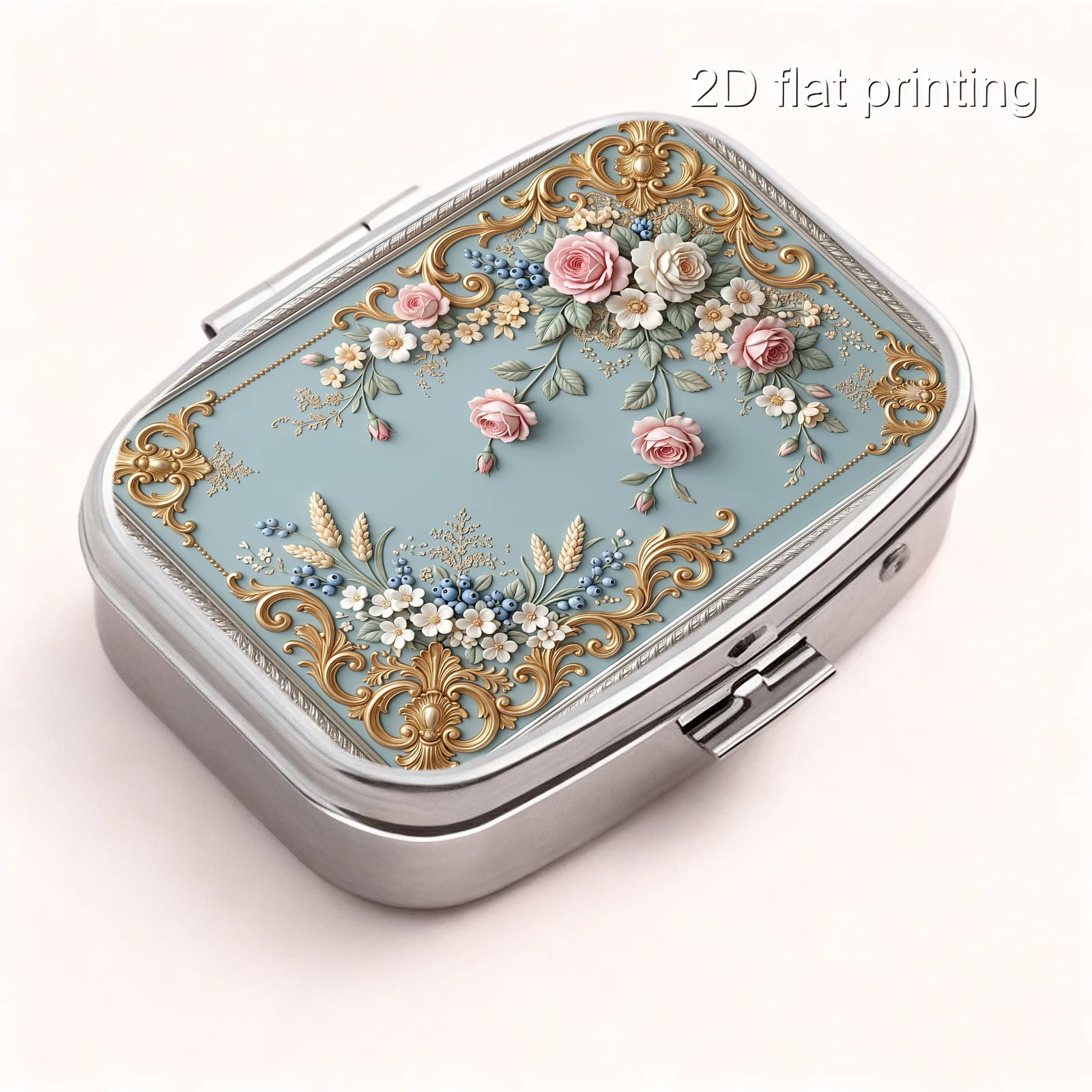 Flat Printing, Portable Mini Double-Compartment Pill Box, Light Blue Background with Gold-Powder Rose Floral Print, Travel Medicine Storage Box, Sealed and Moisture-Proof, Capsule Vitamin Storage Box, Portable Small Pill Box