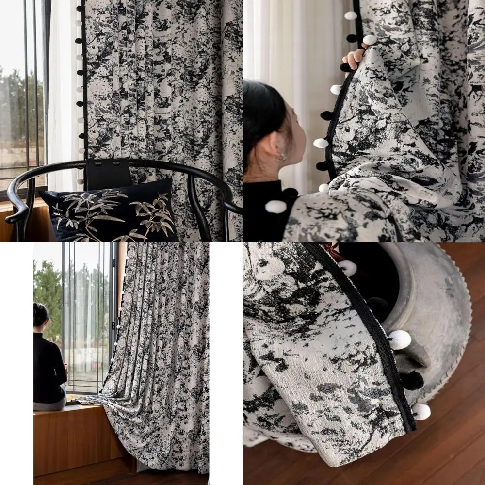 

grey black living room blackout curtains with chinoiserie jacquard and pom pom trim for bedroom noise reduction