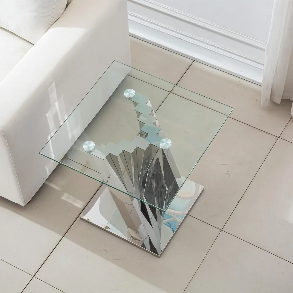 Stainless Steel and Tempered Glass Modern Side Table with Silver Mirror Finish