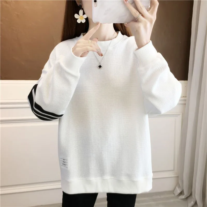 New Autumn Fashion Hanban Waffle Print Round Neck Loose Large Versatile Slim and Simple Women's Long Sleeve Casual Sweater