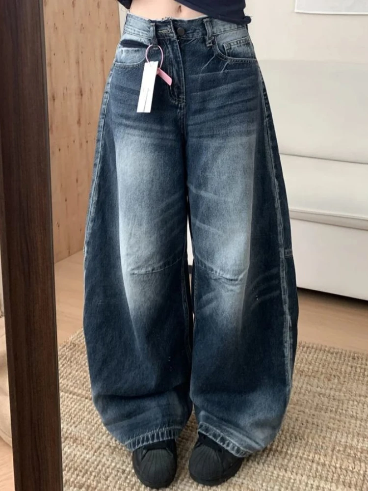 

Deeptown Blue Washed Distressed Jeans Women Wide Leg High Waist Barrel-leg Denim Trousers American Style Baggy Casual Basic