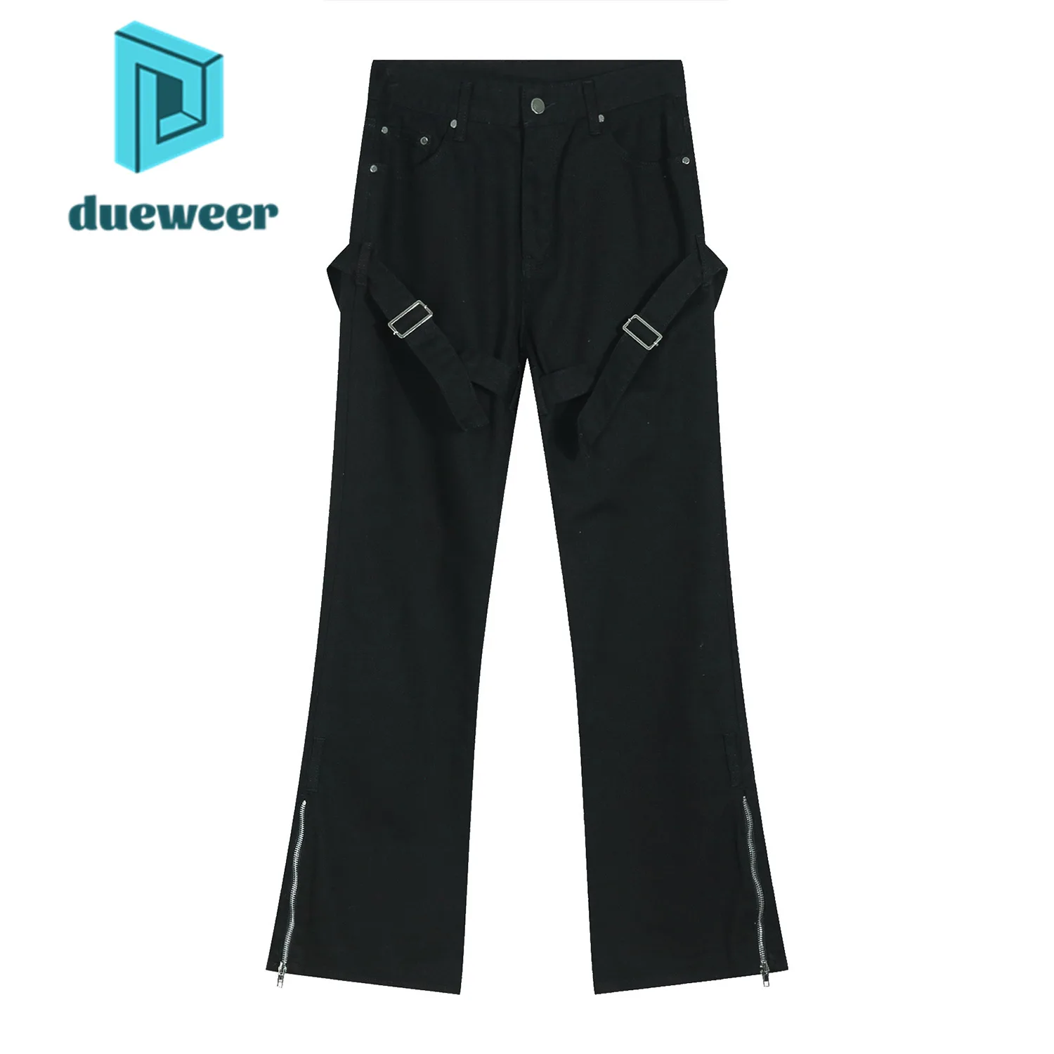 

DUEWEER Summer American Design Strappy Zipper Loose Straight Jeans Men Black Denim Pants Trousers Hip Hop Casual Streetwear