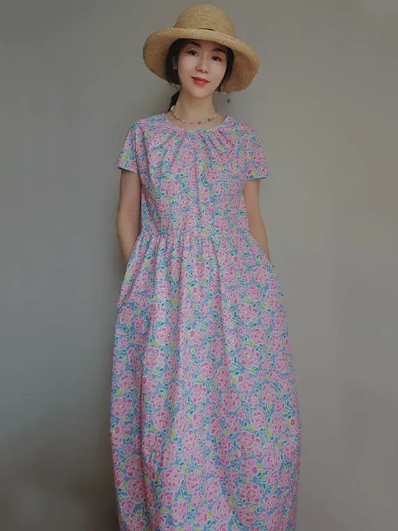 

New Summer Floral Print round Ne Mid-Length Long Velvet Cotton Dr Retro Sle High Waist ort Sve Women's Faion