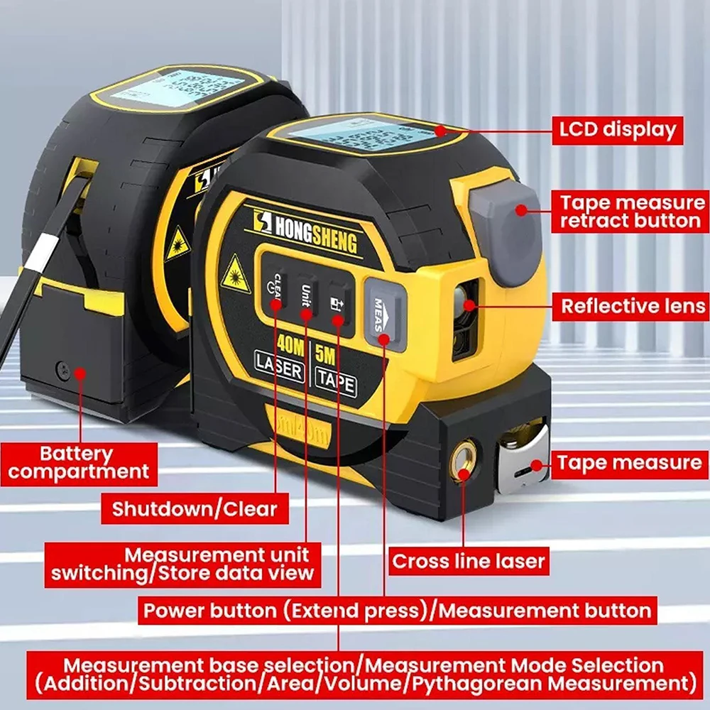 Imagem -04 - Telêmetro de Fita Laser Régua Eletrônica Inteligente de Alta Precisão Infravermelha Medidor de Distância de Construção 5m em 1
