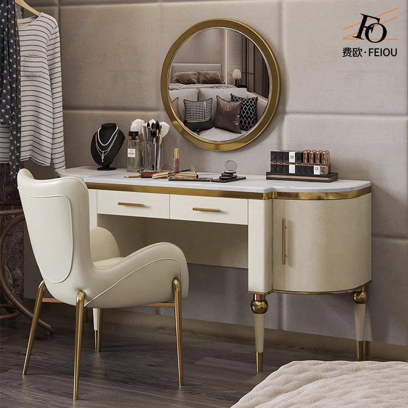 

European Luxury Vanity Table White Bedroom Mirror Makeup Dressing Table Desk Chair Bedside Penteadeira Postmodern Furniture