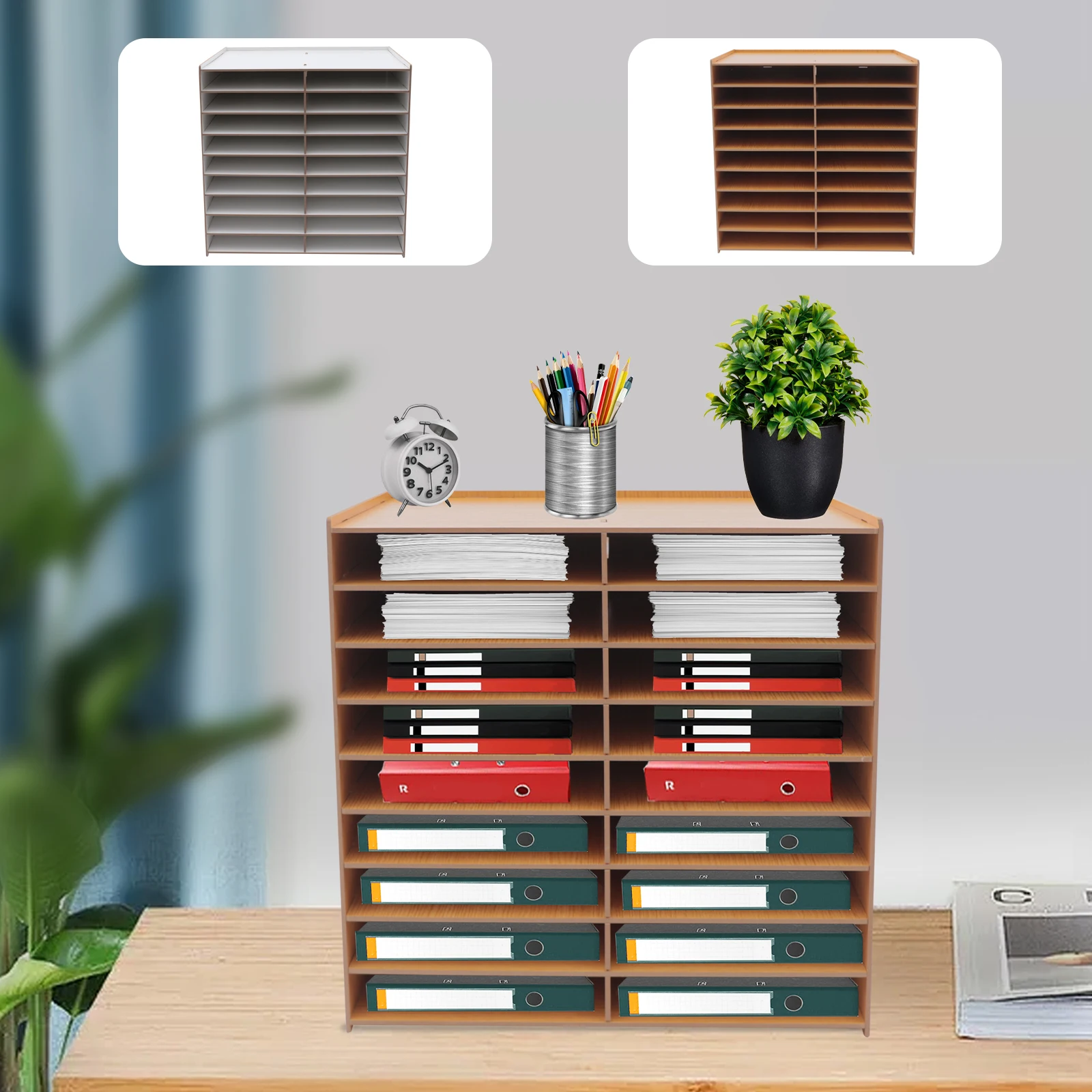 Desktop File Organizer with 9 Layers and 18 Compartments, High-Density Oak Wood Construction, Space-Saving and Easy to Install