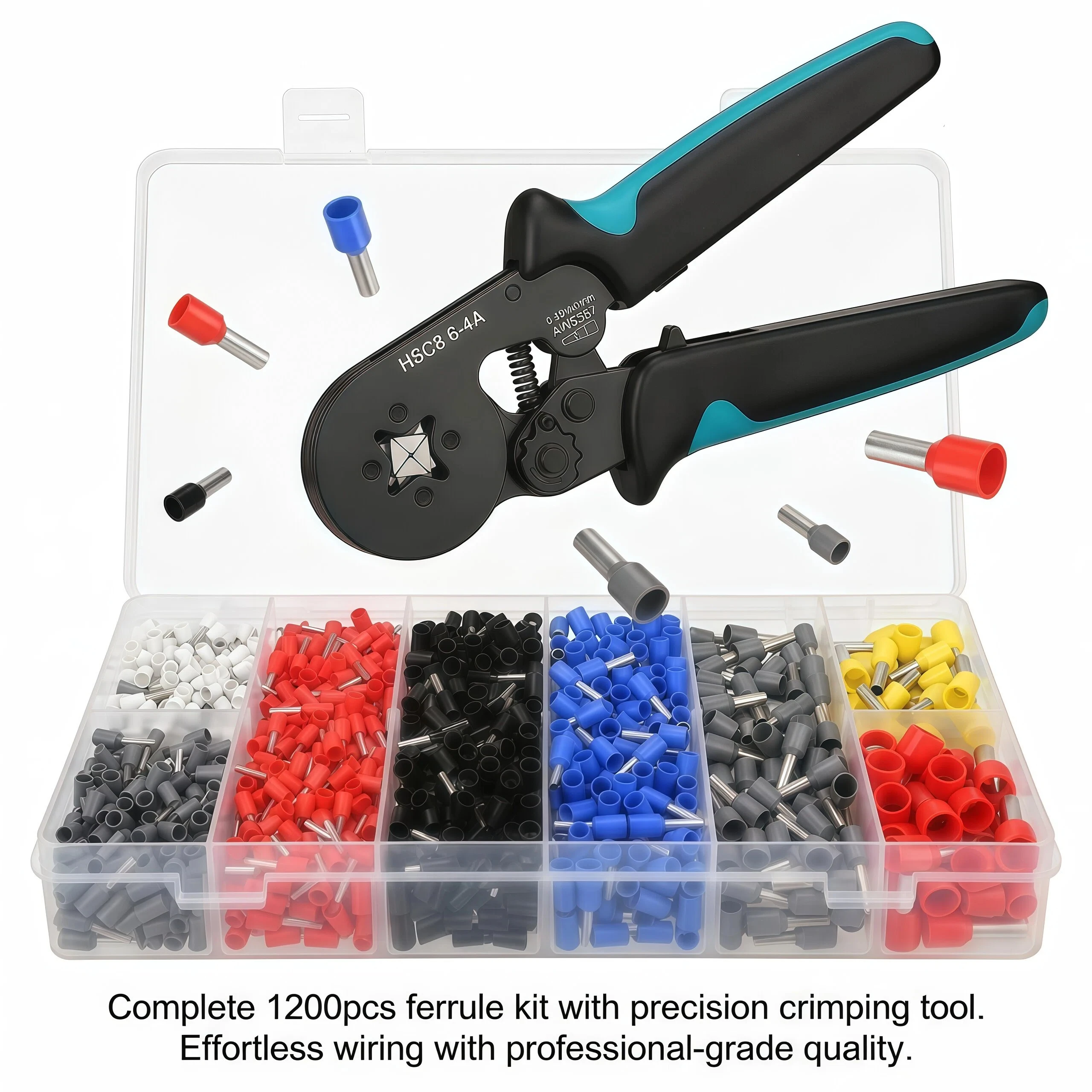 

HSC8 6-4 Self-Adjusting Hexagonal Crimping Pliers with 1200PCS Multi-Size Colorful Wire End Ferrule Terminals Storage box