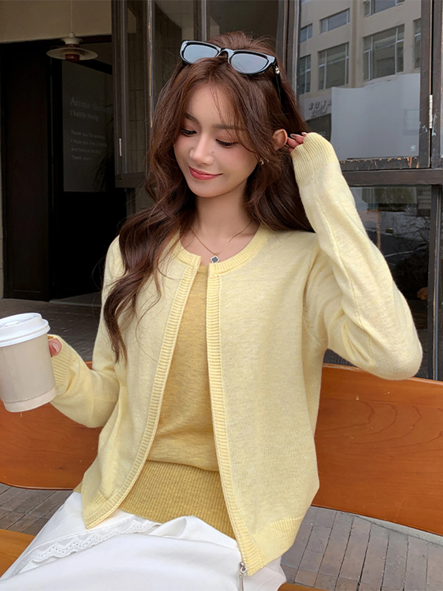 

Желтый весенний новый вязаный кардиган для женщин, тонкий шерстяной топ, мягкая корейская кофта с длинным рукавом и круглым вырезом, дышащая