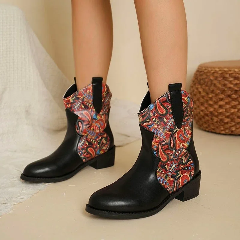 Ankle Boots for Women Random Print Square Heels Autumn Fashion Leather Shoes 2024 Trend Snow Boots New Botas De Mujer