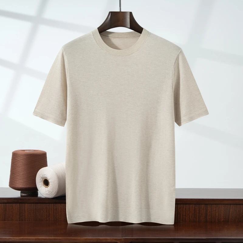 

Light luxury high-end 100 Lyocell knitted short-sleeved T-shirt men's 2025 summer light and breathable crew neck men's T-shirt
