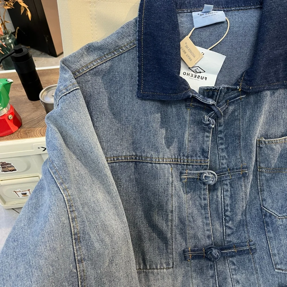 

Waed Vintage Chinese Sle Denim Jaet Loose Fit Men's Design Sensation Couple's Water Waed Button down Casual Jaet