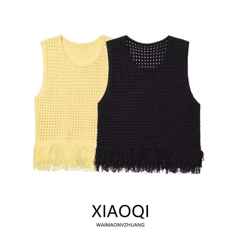 Blusa fena de malha xadrez com franjas, versátil, estilo casual para o verão 2025, corte reto, linha A, sem mangas e gola...