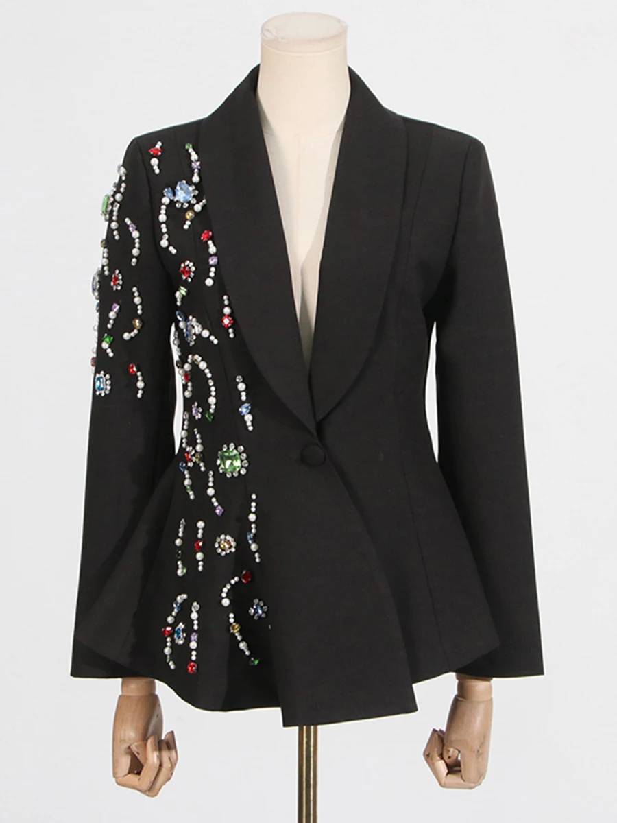 CHICEVER Black Spliced Beading Chic Blazer Female Lapel Long Sleeve Slimming Commute French Women's Blazers Autumn Fashion New