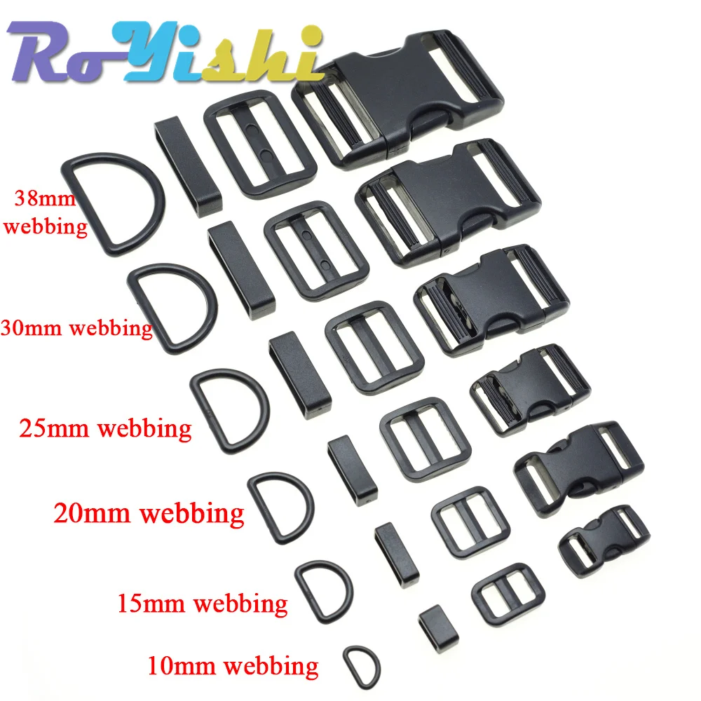 1 Set 10mm 15mm 20mm 25mm 30mm 38mm Plastic Slider Adjustable D Rings Belt Loop Curved Side Release Buckles For Paracord