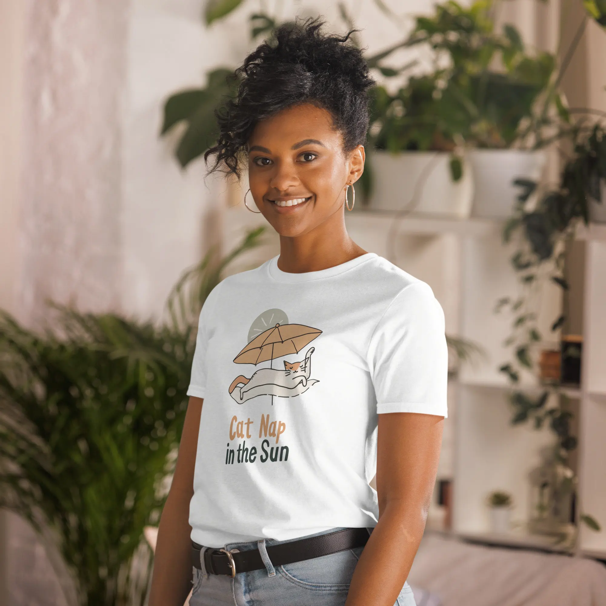 

Cat Nap in the Sun T Shirt Relaxing Lover Cute Summer Cozy Pet Owner Apparel White Casual