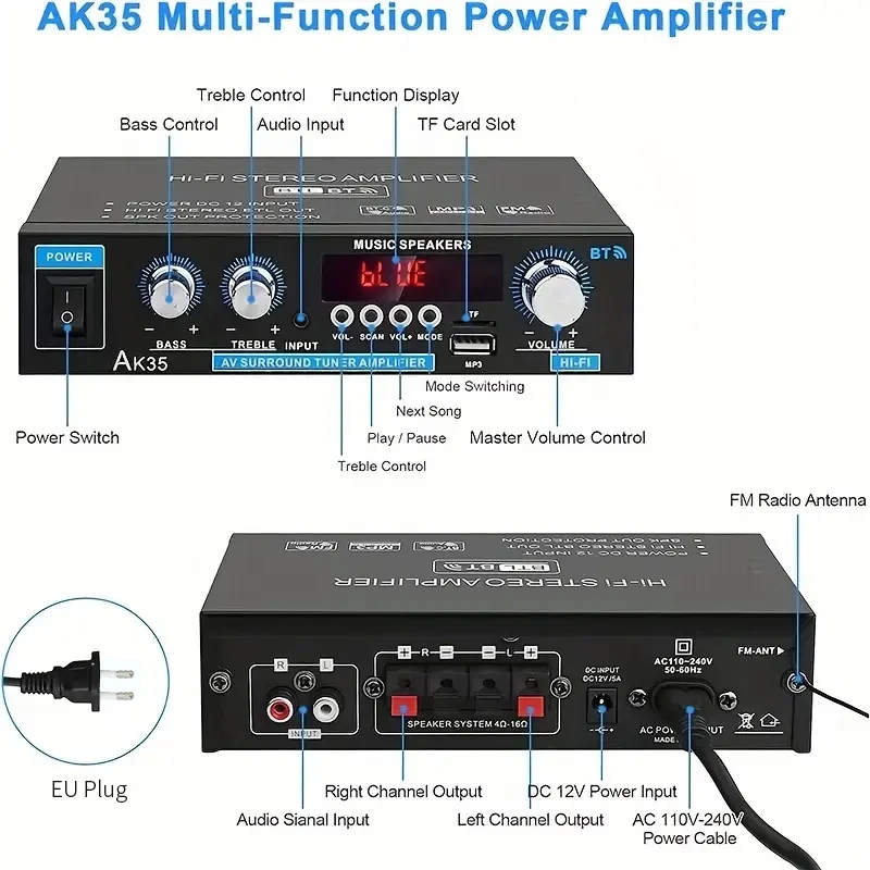 AK-35 BT 스테레오 오디오 앰프, 홈 무선 디지털 파워 앰프, RMS 30W, 최대 2.0 채널, BT 오디오 앰프 리시버, 800W