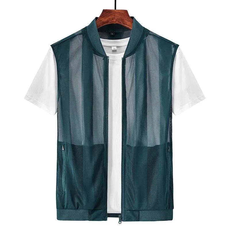 Tough Guy Men's Summer Mesh Stand Collar Vest, Lightweight And Breathable, Openwork Multi-Pocket Backless Vest