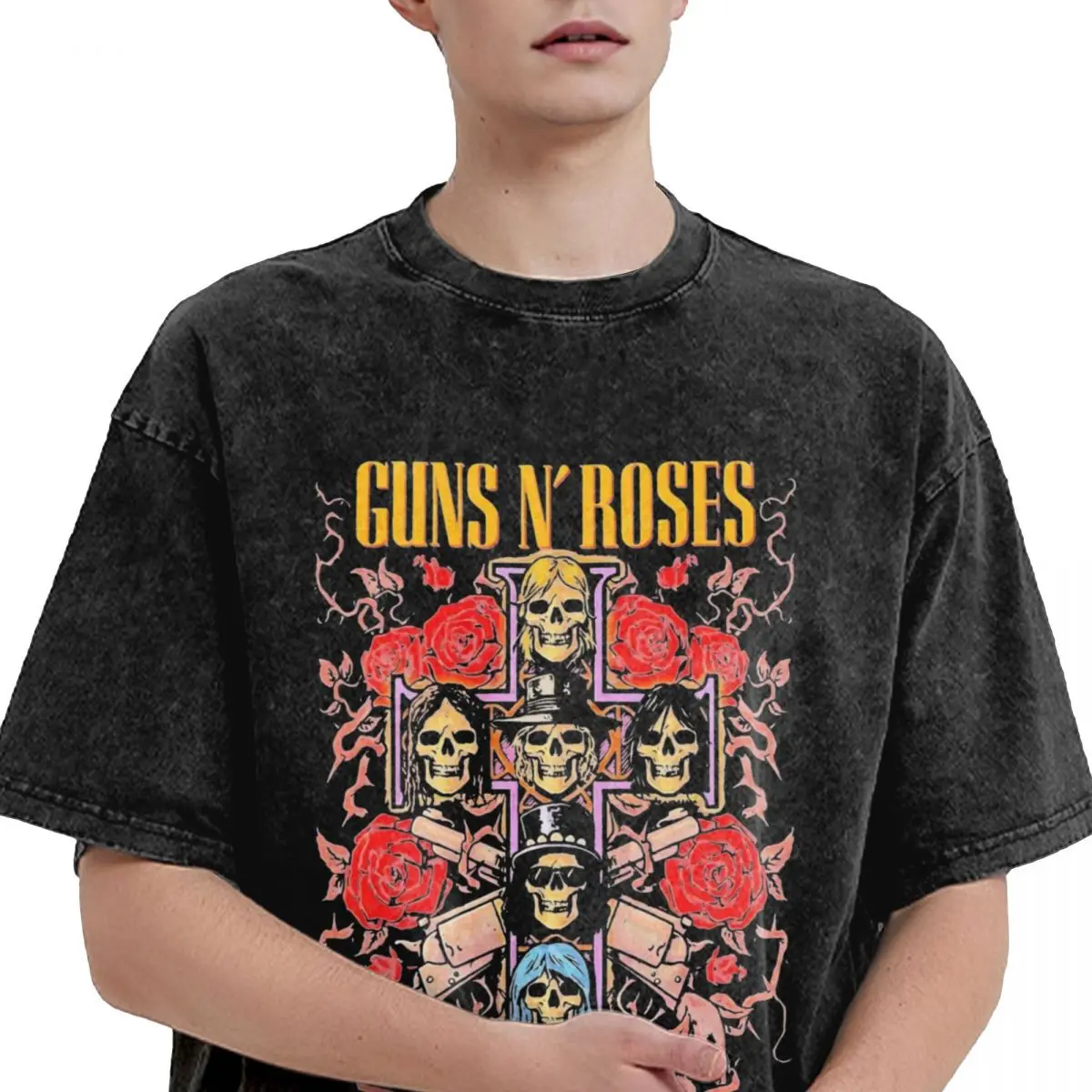 Washed T Shirts Guns N Roses Hip Hop Fashion T-Shirts Harajuku Streetwear 100% Cotton Printed Tops Tees for Men Women