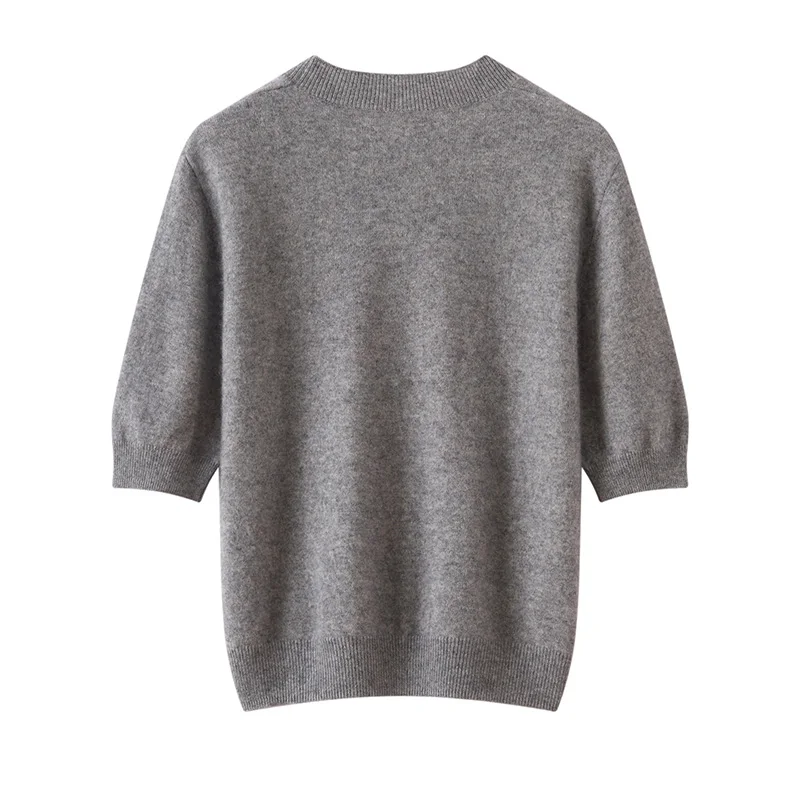 Spring and Summer 100% Pure Cashmere Short-Sleeve Women'S Round Neck Knitted Jacquard Cartoon Rabbit Half-Sleeve Sweater T-Shirt