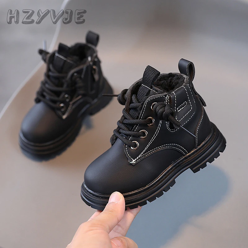 New Children\'s Fashion Boots Winter Thickened Boys Girls\' Anti Slip Warm Leather Boots Side Zipper Solid Color Kids Casual Shoes