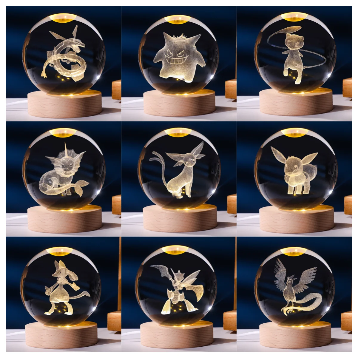 Pokemon 6CM Glowing Crystal Balls Night Light Gengar Rayquaza Lugia Scyther Mew Meowth Creative LED Lamp Model Figures Toy Gift