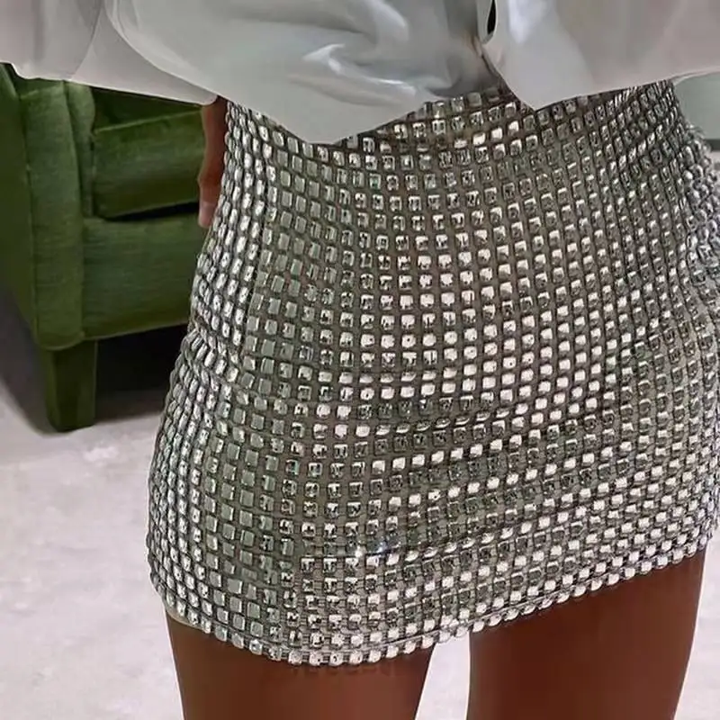 

BWQ Summer Women Sequined Slim A-Line Skirt Ladies Wrap Hip Solid Sliver Mesh Skirt Female Casual Above-knee Sexy Fashion Skirts